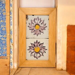 Vintage Lisbon Portugal Tile Art Framed Azulejo Floral Signed Antique 16C